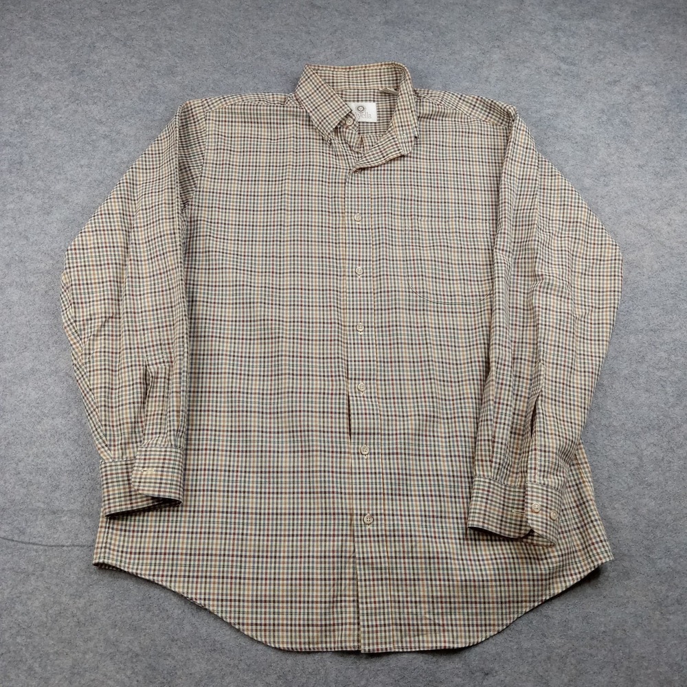 Viyella‎ Shirt Mens Large Beige Plaid Flannel Button Front Long Sleeve Casual